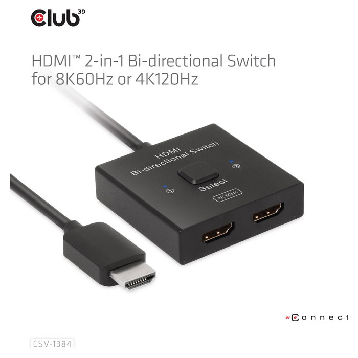 Club 3D CSV-1384 Conmutador HDMI 2 en 1 Bidireccional 8K60Hz/4K120Hz
