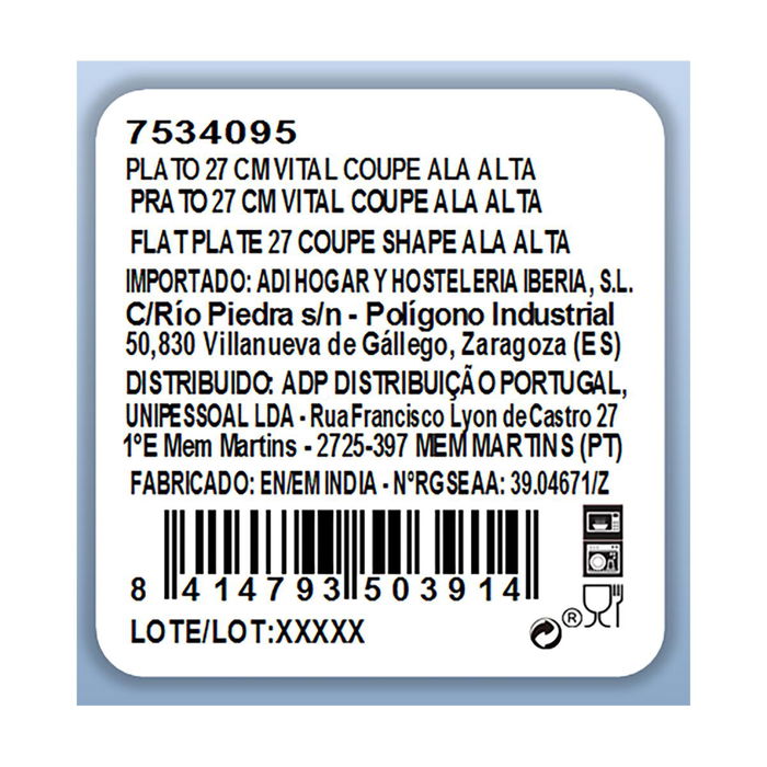 Plato Llano Porcelana Ala Elevada Vital Coupe Ariane 27 cm