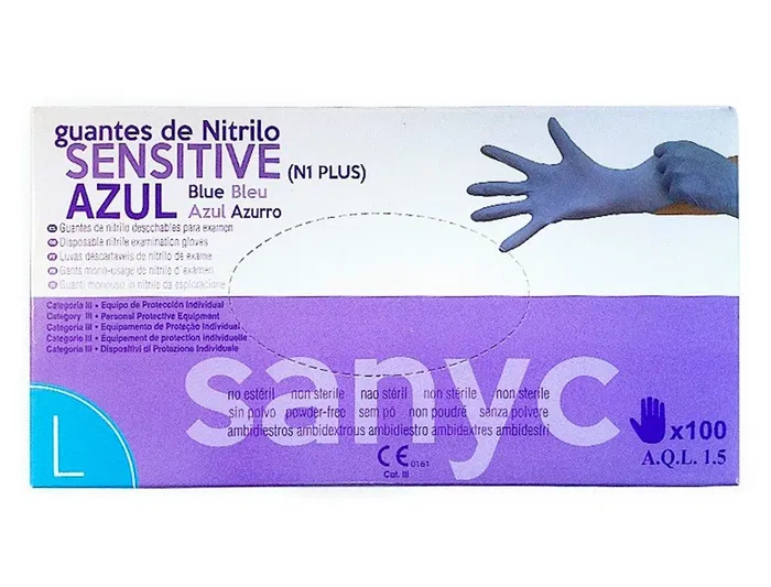 Guantes de Nitrilo Desechable Sensitive Sin Polvo Talla L Grande Color Azul Caja de 100 Unidades