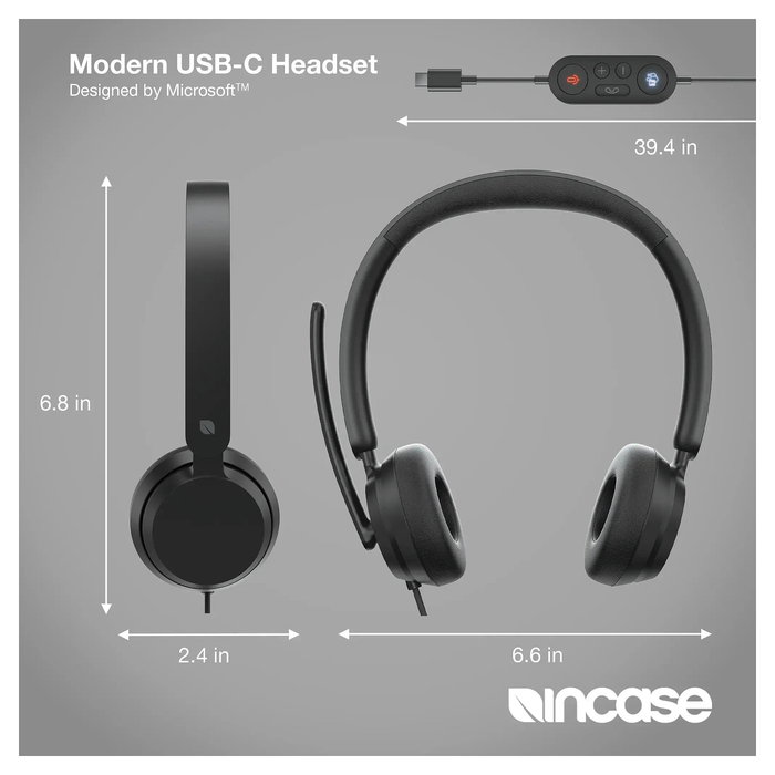 Microsoft Auriculares Incase Modern USB-C Diadema para Oficina, Conexión Alámbrica Plug and Play, Micrófono Boom con Cancelación de Ruido, Negro