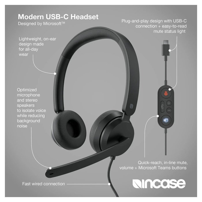 Microsoft Auriculares Incase Modern USB-C Diadema para Oficina, Conexión Alámbrica Plug and Play, Micrófono Boom con Cancelación de Ruido, Negro