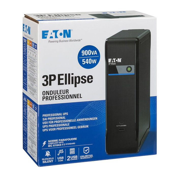 Eaton SAI UPS 3P Ellipse 900 USB, Offline/Standby, 0.9 kVA 540W, Torre Negro, 4 Salidas AC, Puerto USB y Ethernet (ref. 3P ELLIPSE 900 USB DIN)