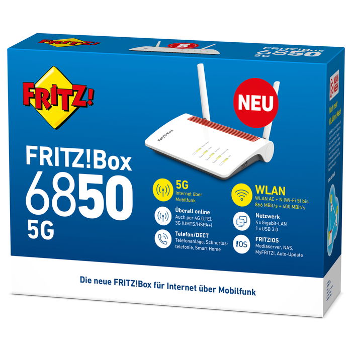 AVM Fritz!Box 6850 5G Router Wi-Fi 5 (802.11ac) Doble Banda 2.4/5 GHz Ethernet Puertos Gigabit Negro Rojo Blanco