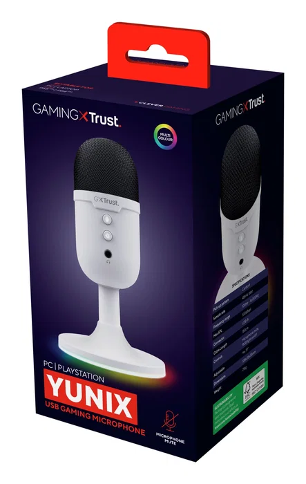 Trust GXT 234P Yunix Micrófono Gaming USB para Streaming - Compacto, Patrón Cardioide, RGB, Conector 3.5mm, Blanco, para PC, PS, Mac