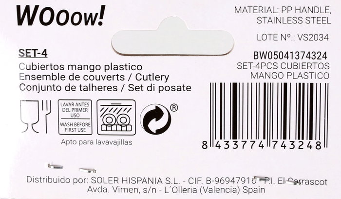 Wooow Set 4 Piezas Cubiertos Mango Plástico Privilege 27 cm Largo x 9 cm Ancho x 3 cm Alto (36 Unidades)