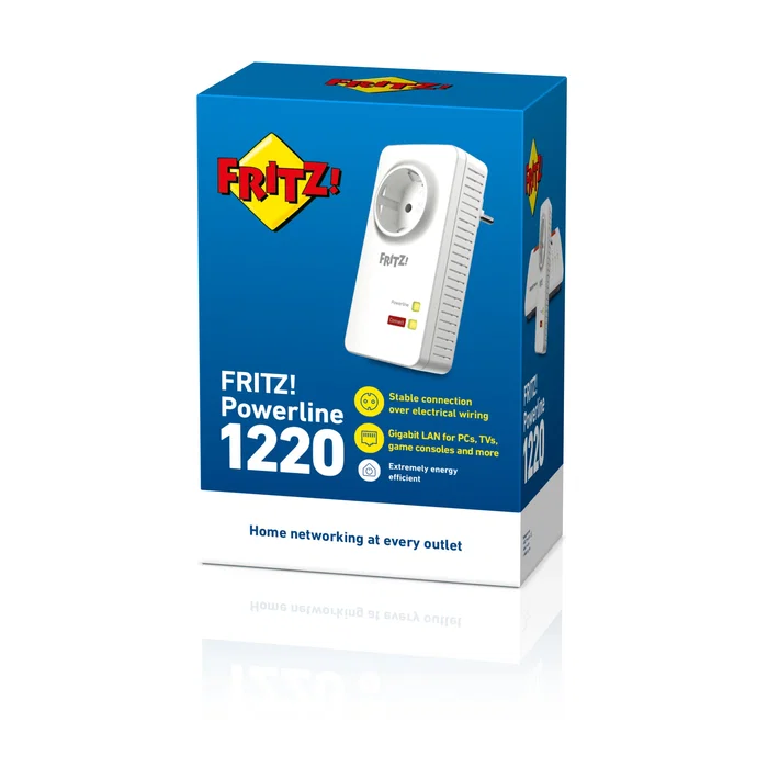 AVM Adaptador Powerline FRITZ! 1220E, 1200 Mbps, 2 Puertos Gigabit Ethernet, HomePlug AV2, Blanco
