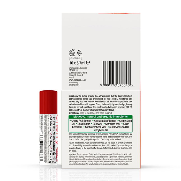 DR. ORGANIC Bálsamo Labial Aloe Vera y Cereza 5,7ml SPF 15
