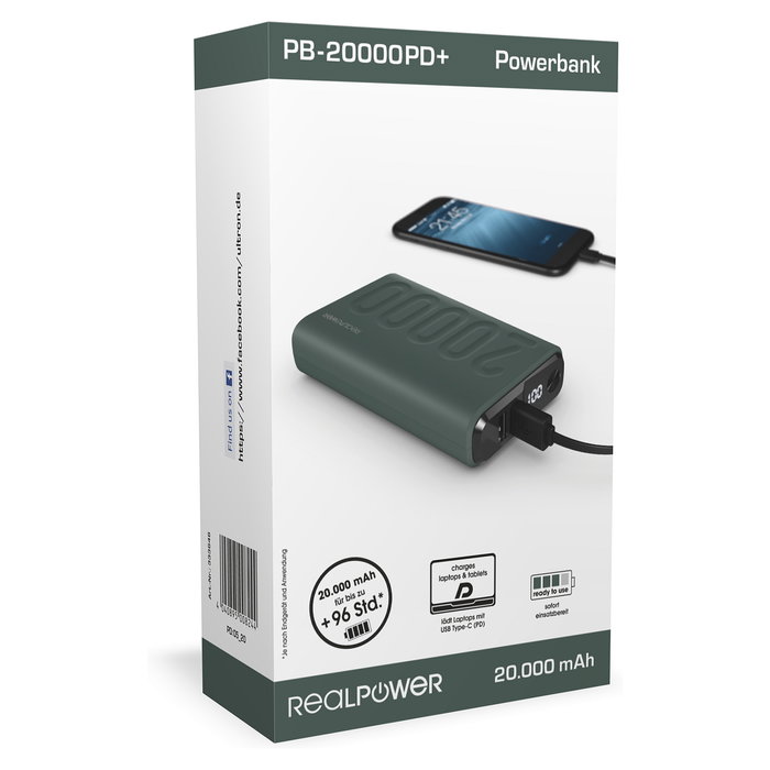 RealPower Powerbank PB-20000 20.000 mAh PD+ USB-C y Micro-USB, Carga Rápida, 2 Puertos USB A, Verde Midnight Green