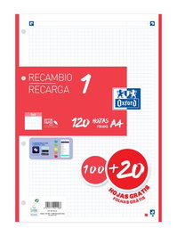 Recambio Oxford School Color 1 A4 100H 90Gr 4 Taladros Cuadric.5X5 Rojo (1 Color En Banda)