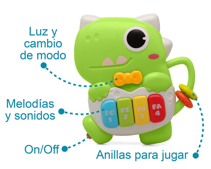 KioKids Juguete Musical de Dinosaurio para Bebés +6 Meses, Piano Interactivo con Luces y Sonidos, Juguete de Plástico Verde para Estimular la Curiosidad y Habilidades Musicales