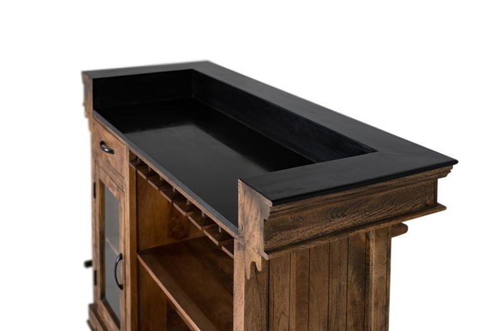 GINER Y COLOMER Mueble Bar de Madera de Mango con Tapa de Granito y Metal, Marrón, 150 cm - Incluye Almacenamiento para Botellas y Copas