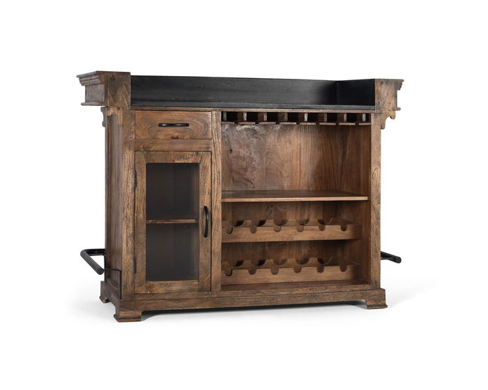 GINER Y COLOMER Mueble Bar de Madera de Mango con Tapa de Granito y Metal, Marrón, 150 cm - Incluye Almacenamiento para Botellas y Copas