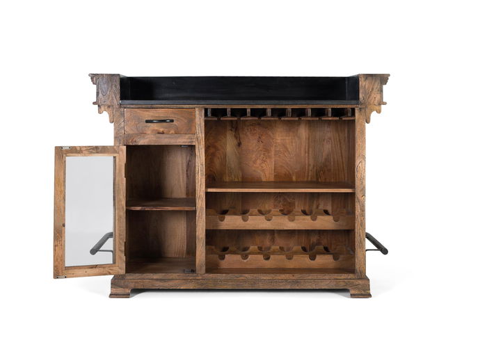 GINER Y COLOMER Mueble Bar de Madera de Mango con Tapa de Granito y Metal, Marrón, 150 cm - Incluye Almacenamiento para Botellas y Copas