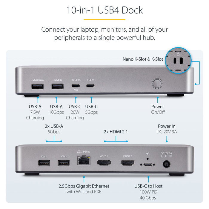 StarTech.com Docking Station USB4 40Gbps con Doble HDMI 4K y Ethernet 2,5GbE, Plata