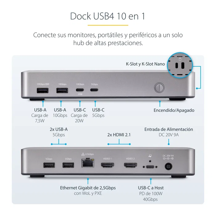 StarTech Docking Station USB4 155UE-USB4-DOCK, USB-C 40Gbps con Dual HDMI para 2 Monitores 4K 120Hz, 100W Power Delivery, Ethernet 2.5G, Hub USB 6 Puertos (10Gbps), Plata StarTech Docking Station USB4 155UE-USB4-DOCK, USB-C 40Gbps con Dual HDMI para 2 Monitores 4K 120Hz, 100W Power Delivery, Ethernet 2.5G, Hub USB 6 Puertos (10Gbps), Plata