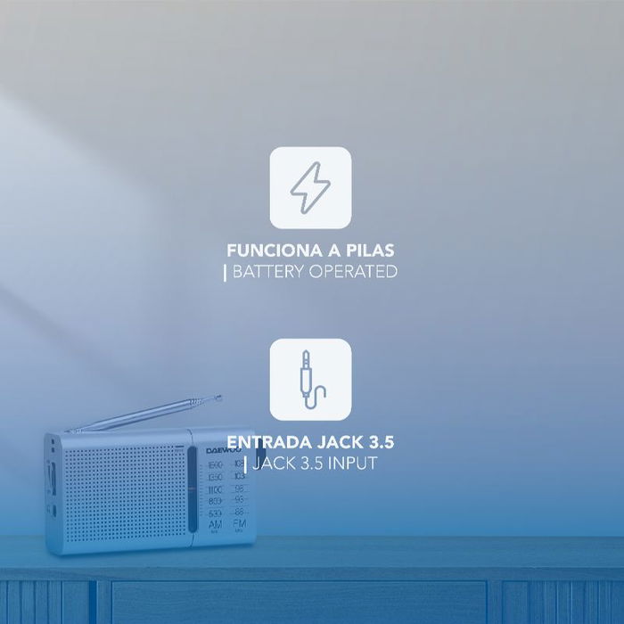 DAEWOO Radio Portátil AM/FM Plata con Altavoz Incorporado y Auriculares Incluidos