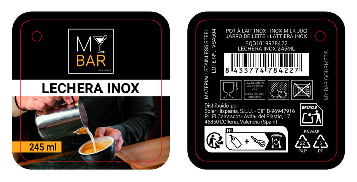 Inde Lechera Acero Inoxidable 245 ml My Bar, 9.2 x 6.7 x 7.6 cm (24 Unidades)