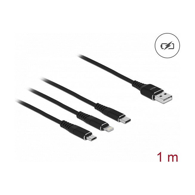 DeLOCK Cable de carga 3 en 1 USB-A a Lightning, Micro USB y USB Type-C, 1 m, Negro DeLOCK Cable de carga 3 en 1 USB-A a Lightning, Micro USB y USB Type-C, 1 m, Negro