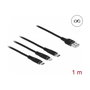 DeLOCK Cable de carga 3 en 1 USB-A a Lightning, Micro USB y USB Type-C, 1 m, Negro