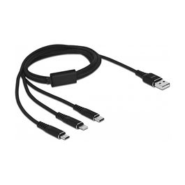 DeLOCK Cable de carga USB 3 en 1, Tipo-A a Lightning, Micro USB y USB Type-C, 1 metro, Negro, para iPhone, Android y más