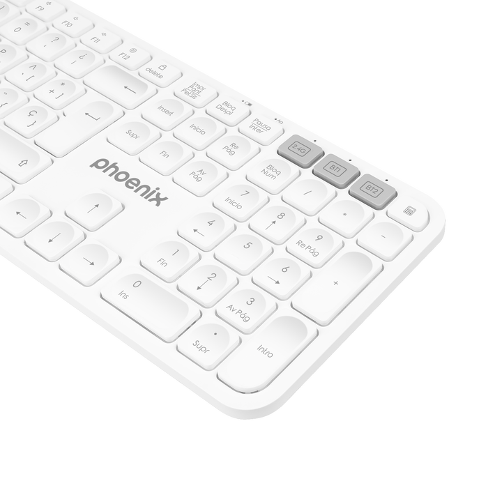 Phoenix Teclado Inalámbrico Multidispositivo Bluetooth y 2.4GHz K300 - Conecta hasta 3 Dispositivos, Compatible con Windows, MacOS, iOS, Teclas Multimedia y Diseño Ergonómico Phoenix Teclado Inalámbrico Multidispositivo Bluetooth y 2.4GHz K300 - Conecta hasta 3 Dispositivos, Compatible con Windows, MacOS, iOS, Teclas Multimedia y Diseño Ergonómico