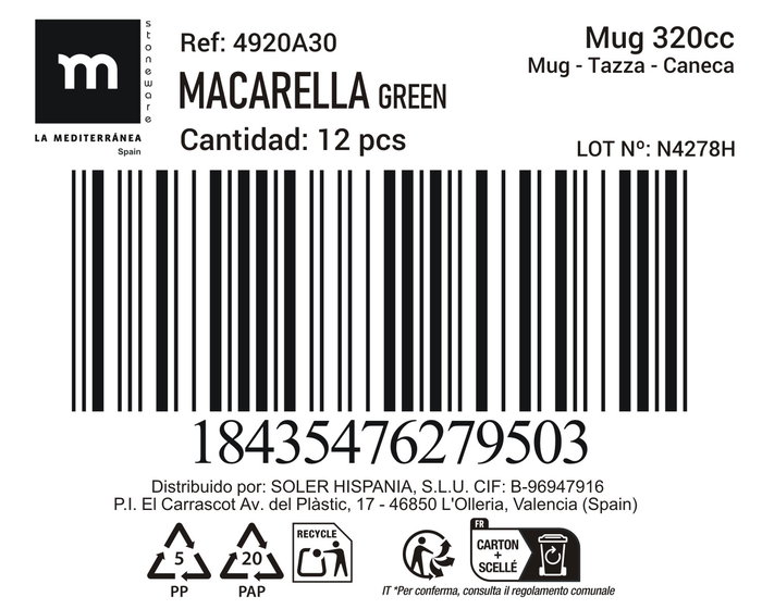 La Mediterranea Mug 320Ml "Macarella Green" Md 8 x 10 x 11,8 cm (36 Unidades)