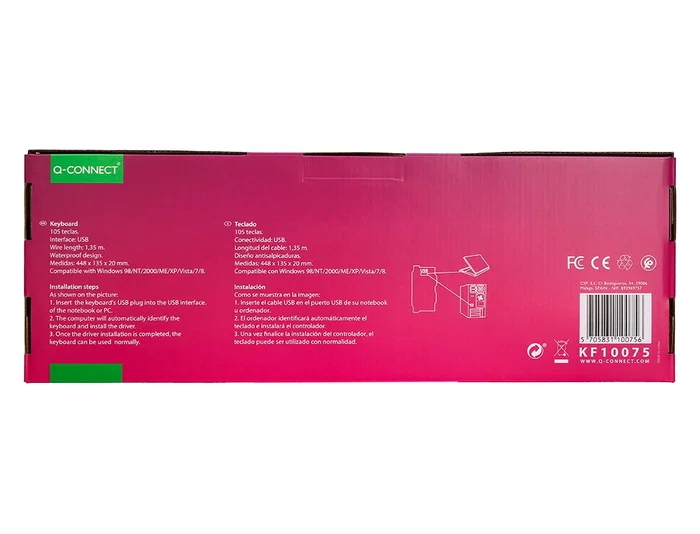 Q-connect Teclado con Cable USB Negro 105 Teclas, 1.35 m, Compatible Windows, Resistente Salpicaduras, Diseño Estrecho