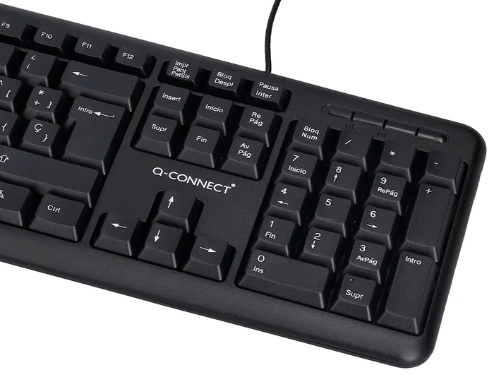 Q-connect Teclado con Cable USB Negro 105 Teclas, 1.35 m, Compatible Windows, Resistente Salpicaduras, Diseño Estrecho