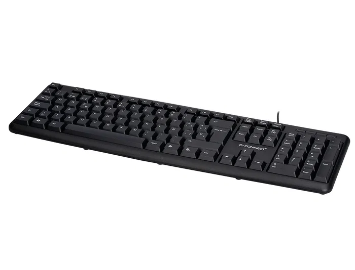 Q-connect Teclado con Cable USB Negro 105 Teclas, 1.35 m, Compatible Windows, Resistente Salpicaduras, Diseño Estrecho