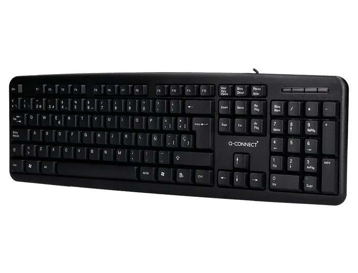 Q-connect Teclado con Cable USB Negro 105 Teclas, 1.35 m, Compatible Windows, Resistente Salpicaduras, Diseño Estrecho