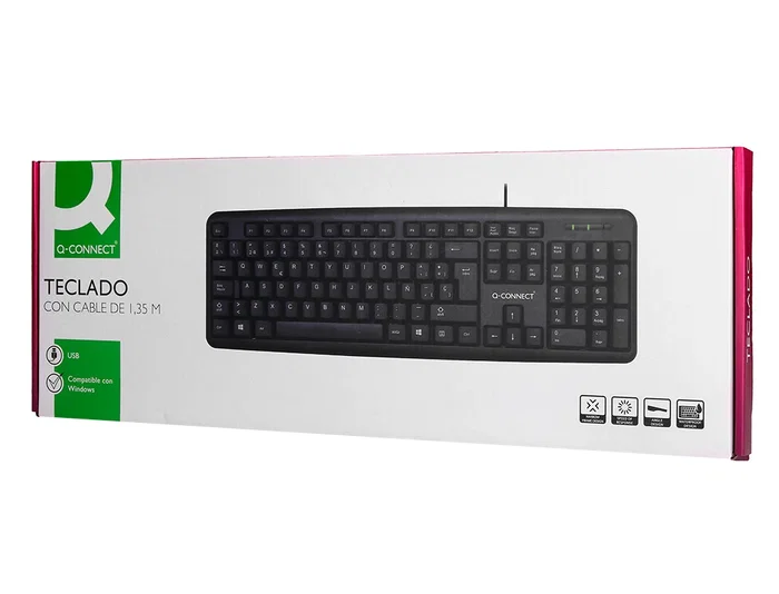 Q-connect Teclado con Cable USB Negro 105 Teclas, 1.35 m, Compatible Windows, Resistente Salpicaduras, Diseño Estrecho