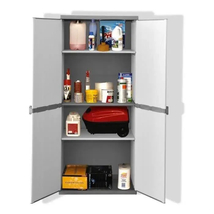 Tood Armario alto de resina con 3 estantes y 2 puertas, gris, 68x39.5x168 cm