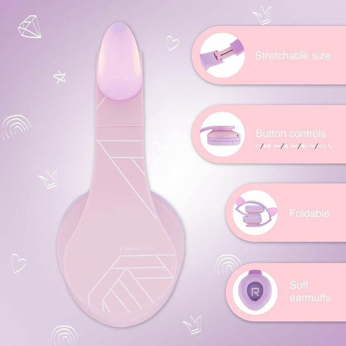 PowerLocus P2 Auriculares para Niños con Orejas, Morado/Rosa