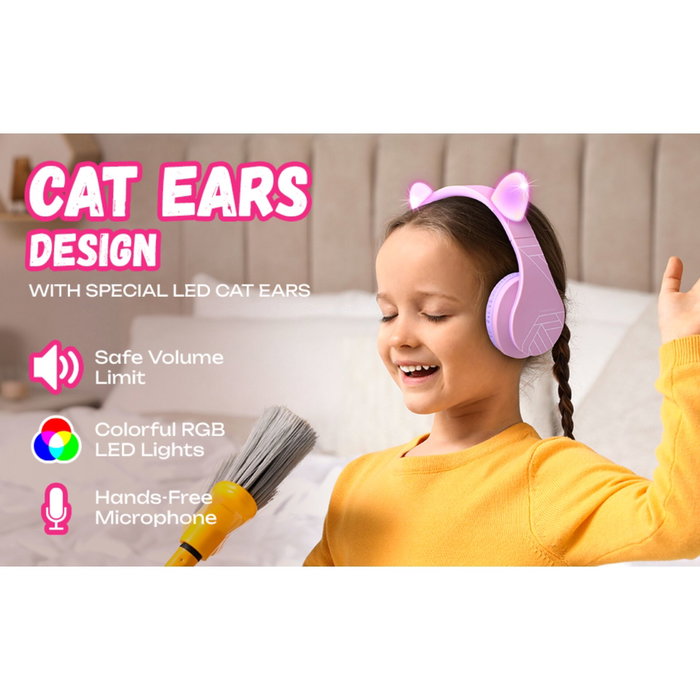 PowerLocus P2 Auriculares para Niños con Orejas, Morado/Rosa