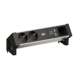Bachmann DESK 2 ALU BLACK - Regleta de Sobremesa Aluminio Negro 2x Schutzkontakt (C16) 1x USB Charger 1x ABD, GST18, 0.2m
