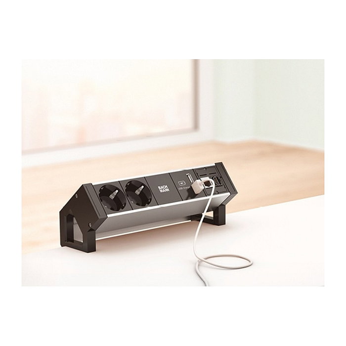 Bachmann DESK 2 ALU BLACK - Regleta de Sobremesa Aluminio Negro 2x Schutzkontakt (C16) 1x USB Charger 1x ABD, GST18, 0.2m