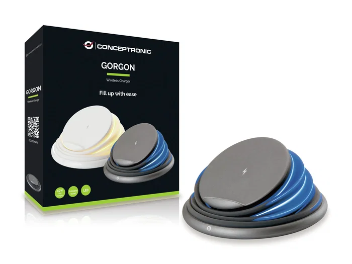 Conceptronic GORGON02G Cargador Inalámbrico Qi 10W Soporte Plegable con Carga Rápida PowerIQ, Universal, USB-C, Color Gris