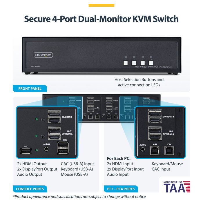 StarTech KVM Switch Seguro de 4 Puertos Dual-Monitor HDMI-DP 4K 60Hz NIAP 4.0