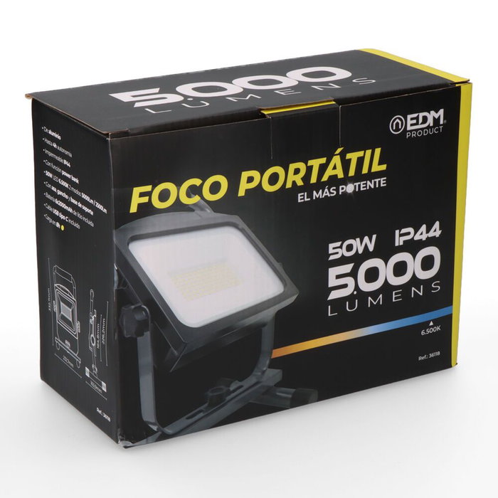 Edm Foco/Proyector Led Recargable 50W 5000 Lm 6500K Aluminio Con Power Bank Edm Foco/Proyector Led Recargable 50W 5000 Lm 6500K Aluminio Con Power Bank