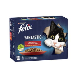 Purina Felix Fantastic Carnes Gelatina 4x24x85g para Gatos Adultos, Variedad de Sabores (Buey, Pollo, Conejo, Cordero)