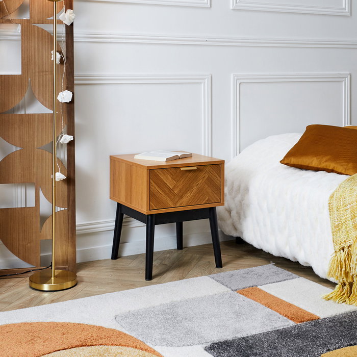 Home Deco Factory Mesita De Noche Con Cajón Lounge 40x40 cm h.50 cm Estructura Panelado Partículas MDF Patas Pino Tirador Dorado Mate