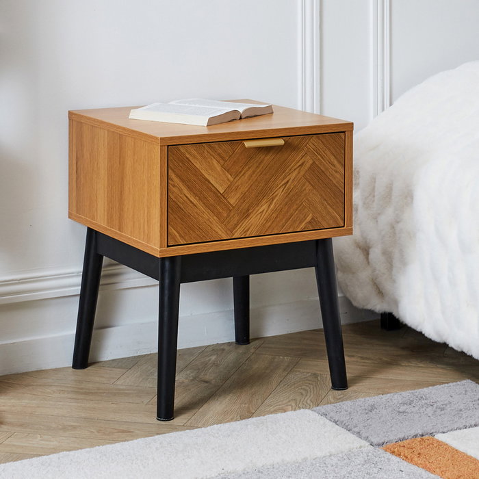 Home Deco Factory Mesita De Noche Con Cajón Lounge 40x40 cm h.50 cm Estructura Panelado Partículas MDF Patas Pino Tirador Dorado Mate