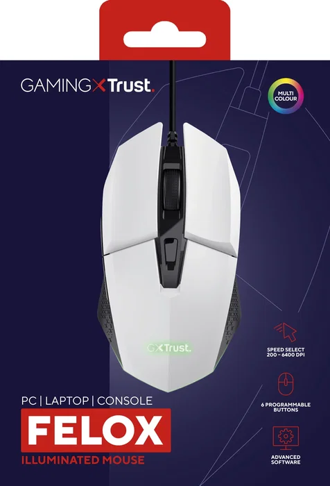Trust GXT 109W Felox Ratón Gaming para Mano Derecha, USB Tipo A, Óptico 6400 DPI, 6 Botones Programables, LED Multicolor, Cable 1.5m, Blanco
