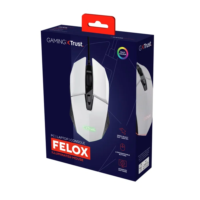 Trust GXT 109W Felox Ratón Gaming para Mano Derecha, USB Tipo A, Óptico 6400 DPI, 6 Botones Programables, LED Multicolor, Cable 1.5m, Blanco