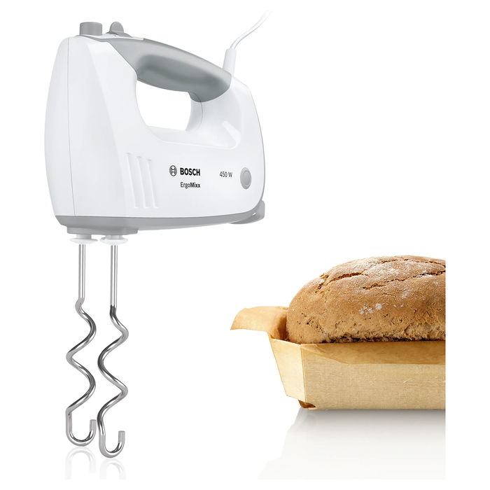 Bosch Batidora de Mano ErgoMixx MFQ36440 450 W - Blanca con Varillas y Ganchos para Amasar, 5 Velocidades, Turbo