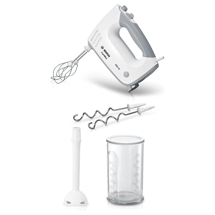 Bosch Batidora de Mano ErgoMixx MFQ36440 450 W - Blanca con Varillas y Ganchos para Amasar, 5 Velocidades, Turbo
