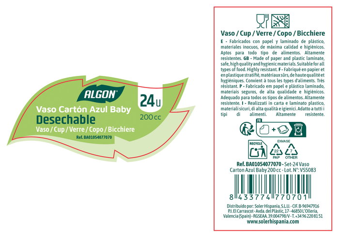 Algon Set 24 Vasos de Cartón Azul Baby 200 cc 7.1 x 7.1 x 7.7 cm (18 Unidades)