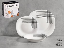 Vivalto Set 18 Piezas Vajilla Cuadrada con Líneas en Opal Vidrio Blanco y Negro 26 cm (Set de 2)