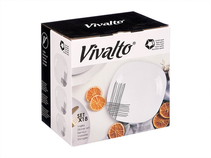Vivalto Set 18 Piezas Vajilla Cuadrada con Líneas en Opal Vidrio Blanco y Negro 26 cm (Set de 2)