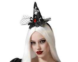 Diadema Tul De Bruja Negro Con Calaveras Y Detalles En Rojo Para Disfraz Halloween Gótico